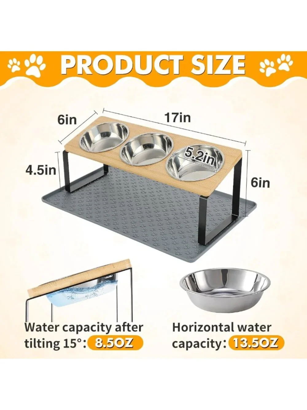 Elevated 15° Cat Bowls with Silicone Mat & 3 Stainless Steel Dishes